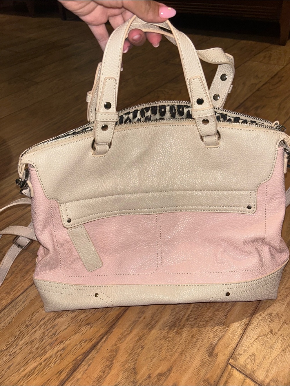 Nine West Pink and Cream Leather Satchel with Leopard Trim